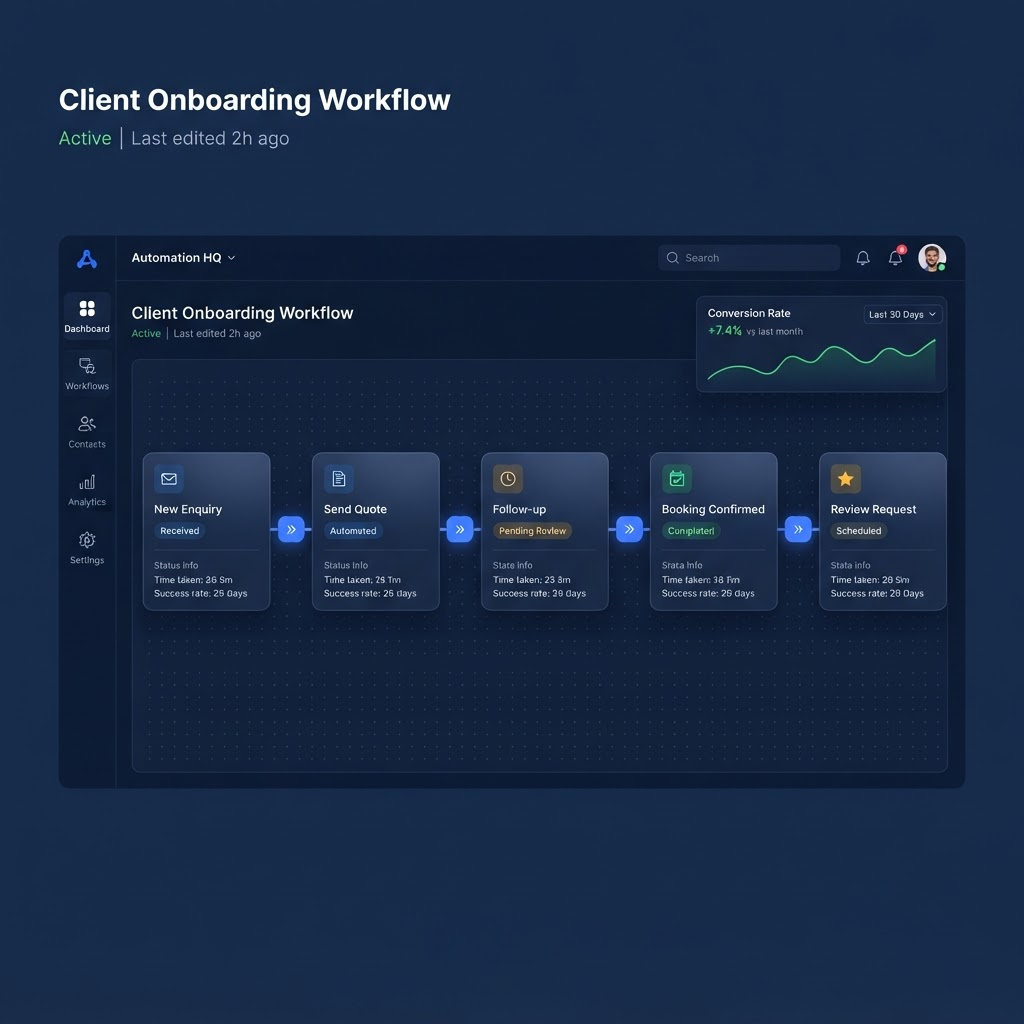 A custom AI automation workflow turning an enquiry into a booking, follow-ups and a review request, all hands-free.